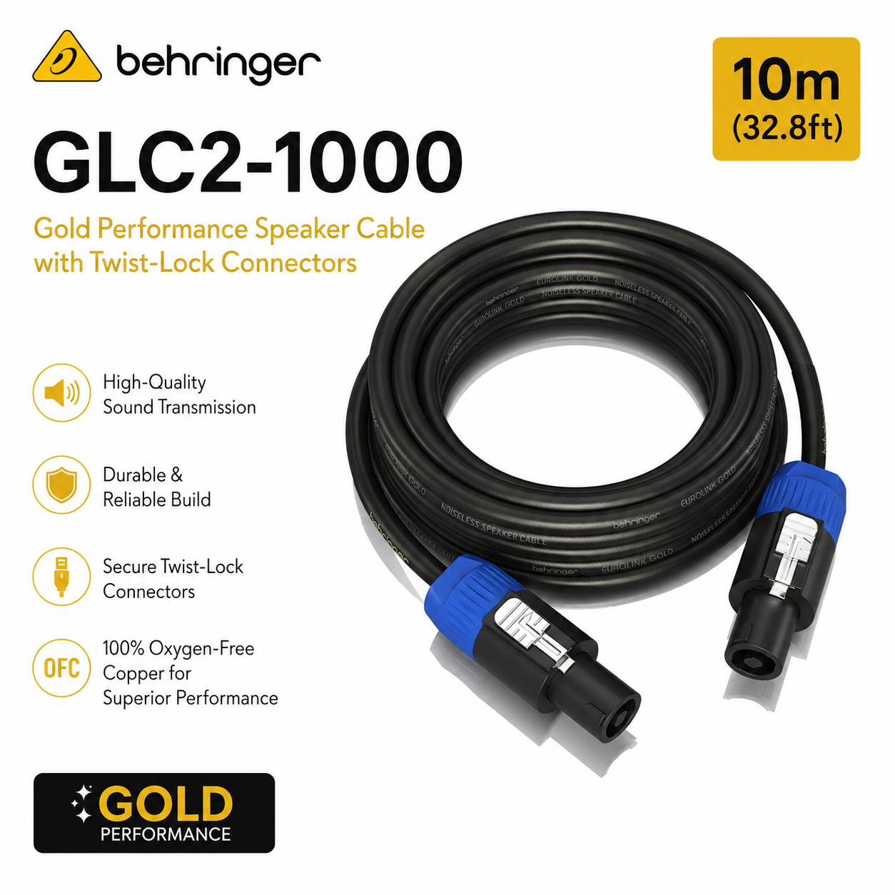 Behringer GLC2-1000 – Kabel Pembesar Suara 10m (32.8ft) Prestasi Emas dengan Penyambung Twist-Lock