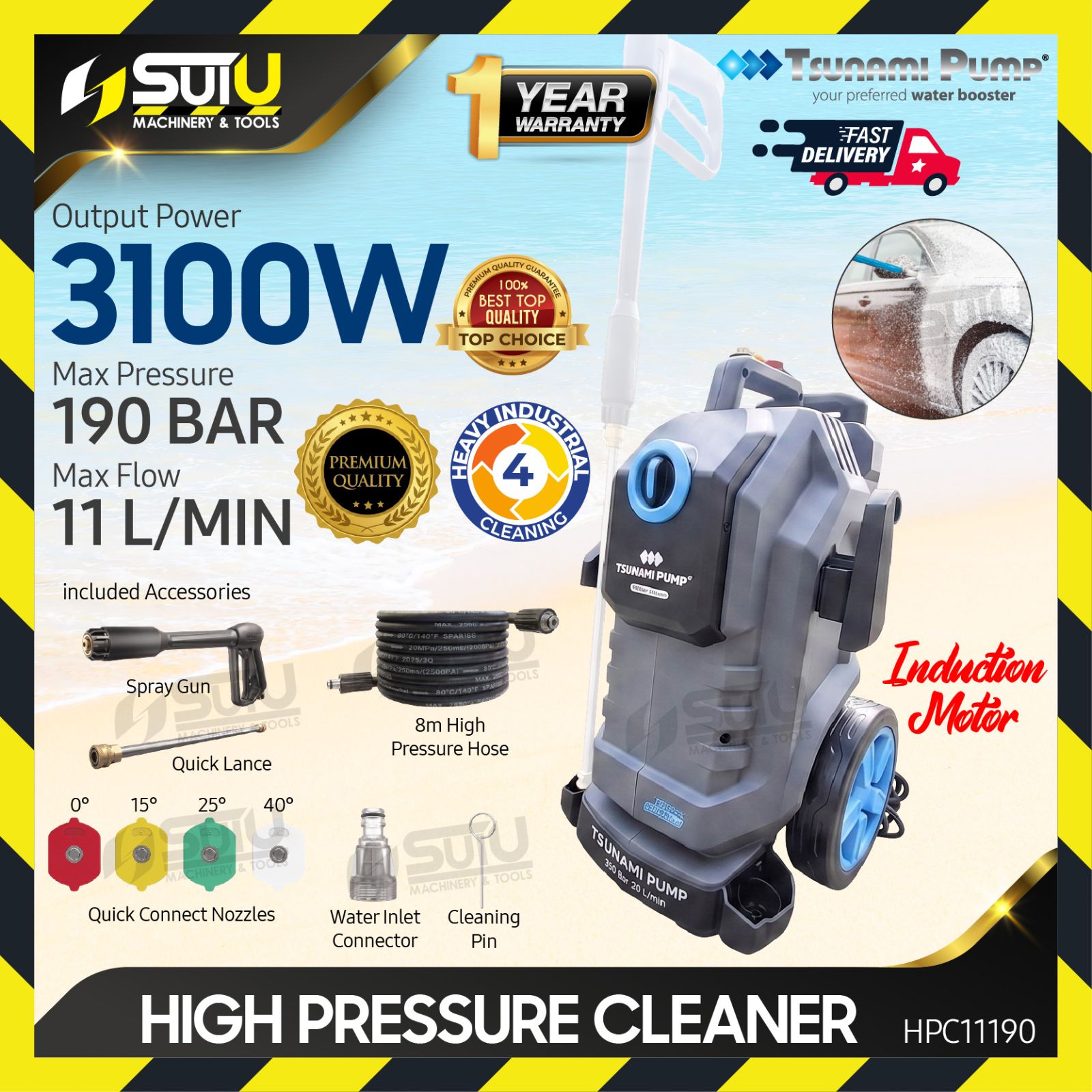 TSUNAMI PUMP HPC11190 130Bar Heavy Industrial High Pressure Cleaner / Washer / Waterjet 3100W