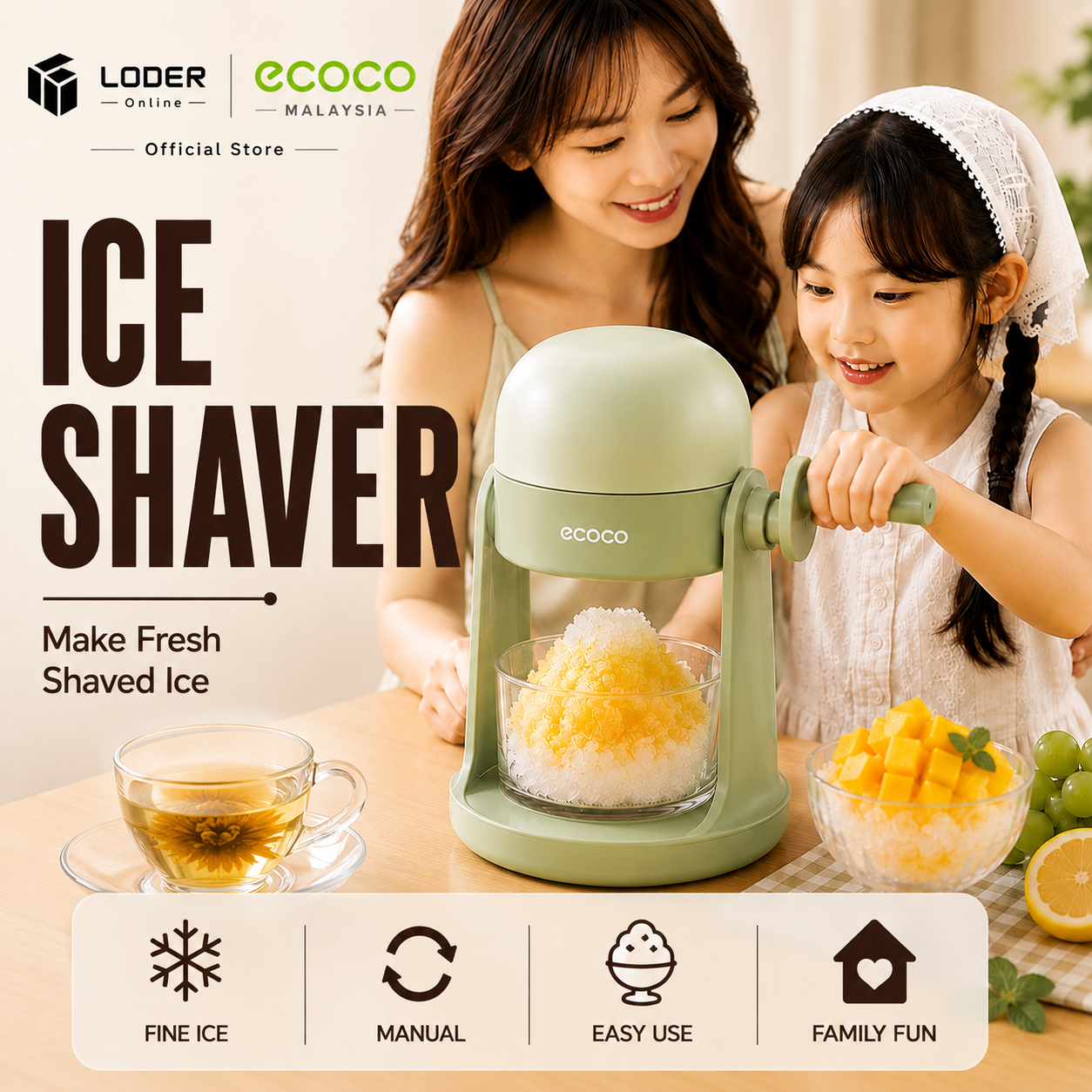 LODER ECOCO Manual Ice Shaver Ice Crusher Portable Shaved Ice Machine Slush Maker Ice Crusher