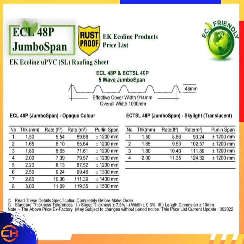 EK Ecoline uPVC (SL) Roofing Sheet. ECL 48JS & ECTSL 48JS  (5 Wave) JumboSpan