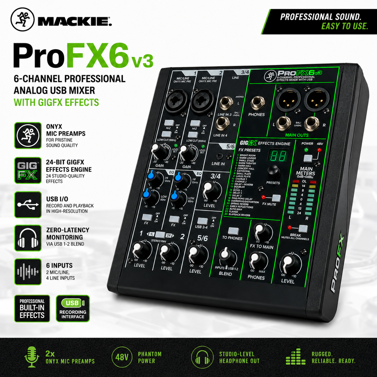Mackie ProFX6v3 6 通道 专业模拟 USB 调音台（内置 GigFX 效果器）