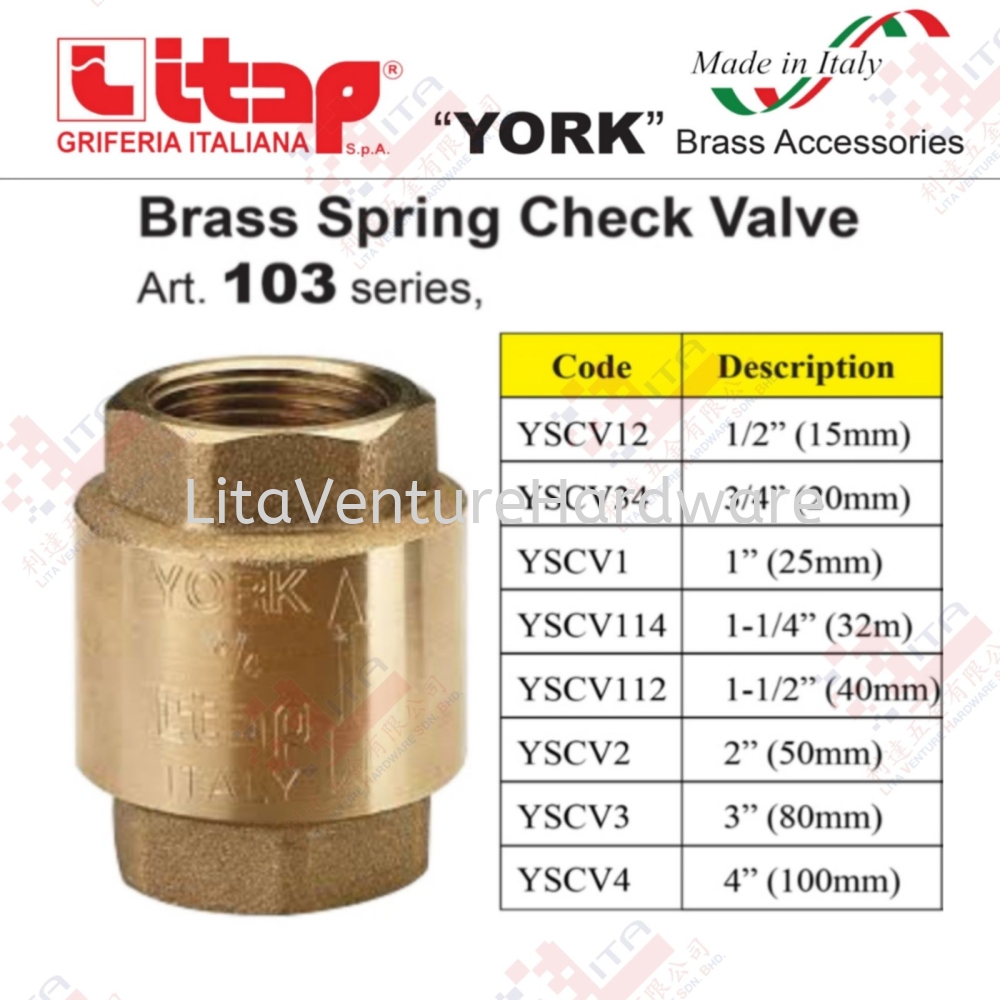 ITAP BRAND BRASS SPRING CHECK VALVE 12'' 34'' 1'' 114'' 112'' 2'' 3'' 4'' - YSCV12 YSCV34 YSCV1 YSCV114 YSCV12 YSCV2 YSCV3 YSCV4