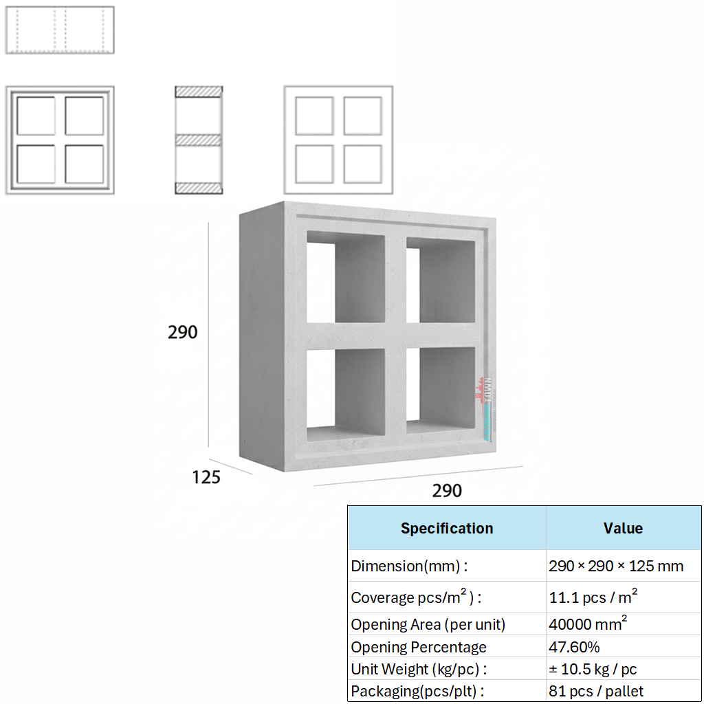 VENTILATION BLOCK  VB-312.125F  (LWH 290 x125 x290)mm
