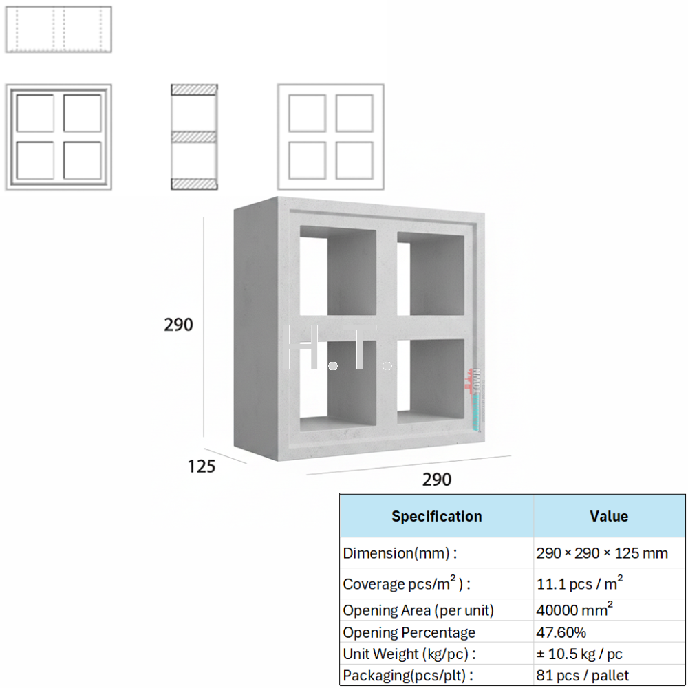 VENTILATION BLOCK VB-312.125F (LWH 290 x125 x290)mm