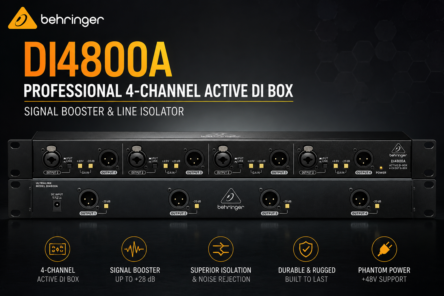 Behringer DI4800A – Professional 4-Channel Active DI Box, Signal Booster & Line Isolator