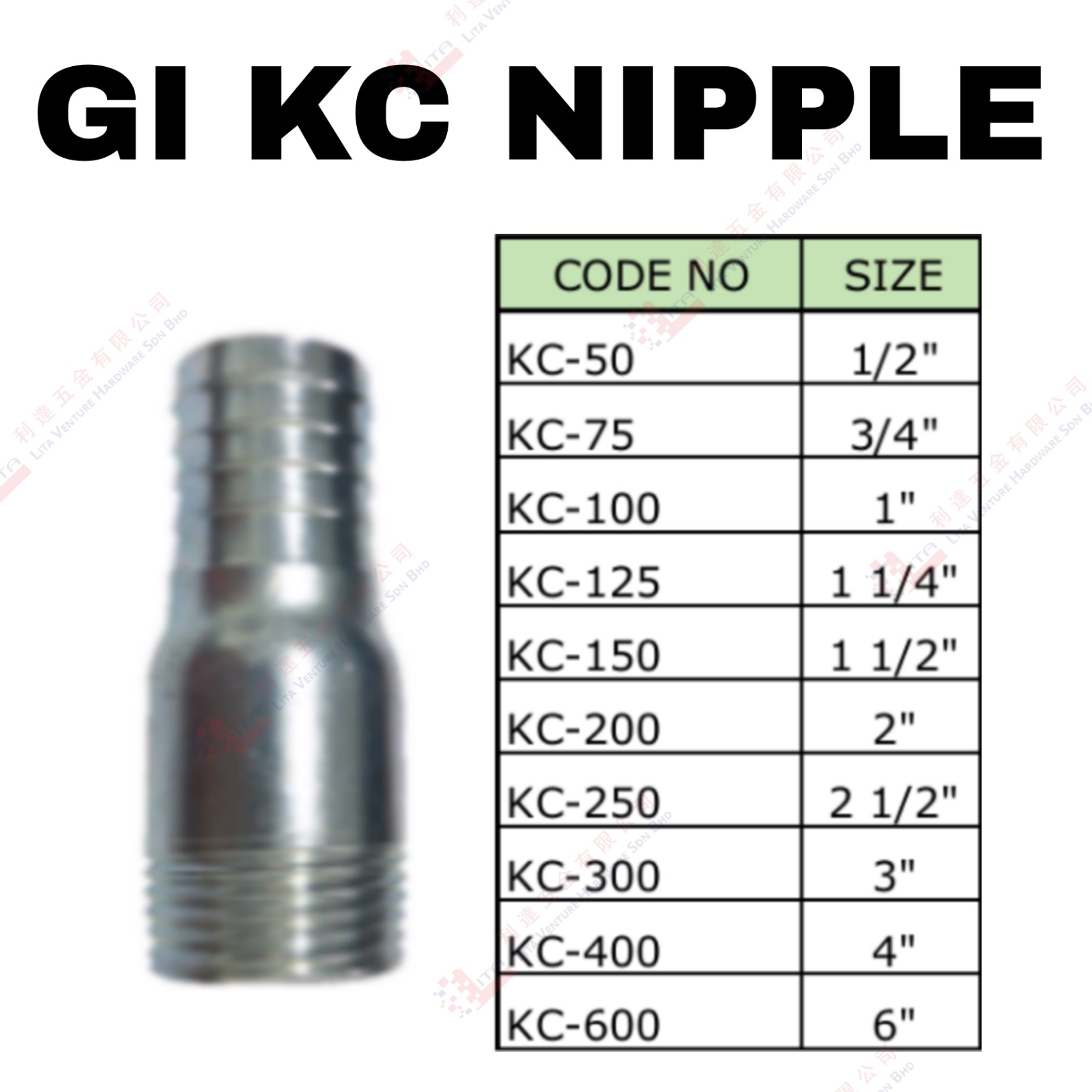 GI KC NIPPLE - KC50 KC75 KC100 KC125 KC150 KC200 KC250 KC300 KC400 KC600