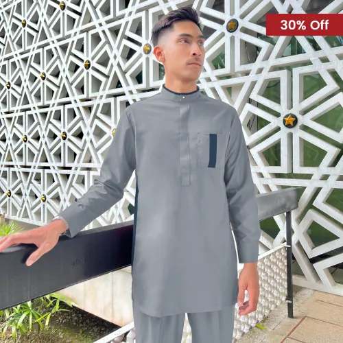 Baju Melayu Kurta Slim Fit Nagoya Sepasang (BKS) Grey Blue