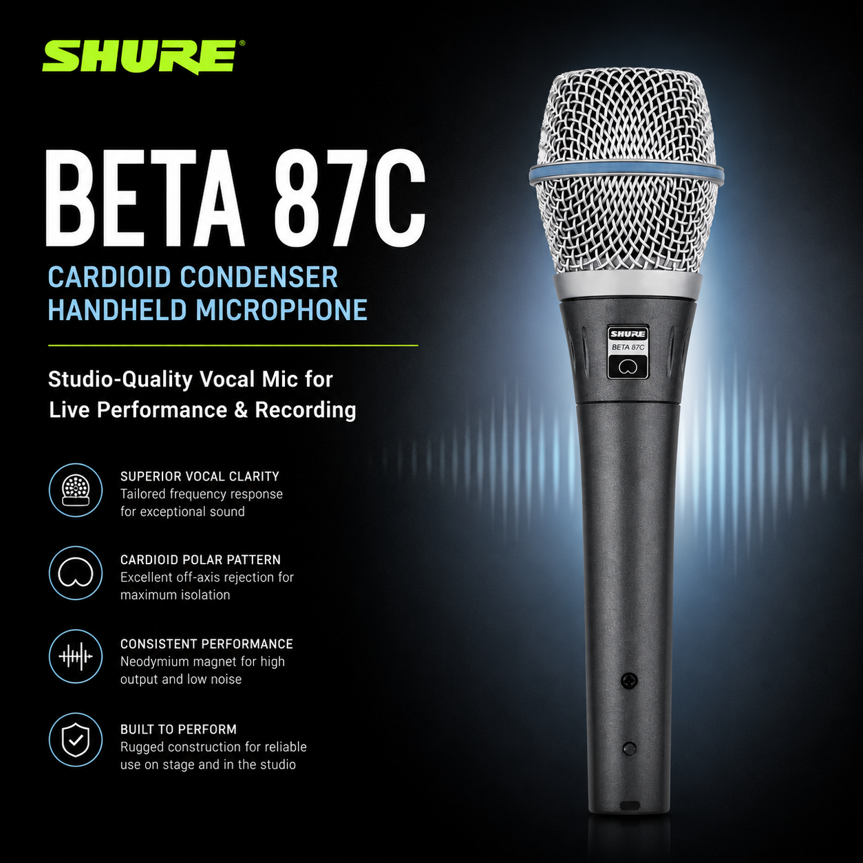 Shure Beta87C Cardioid Condenser Handheld Microphone – Studio-Quality Vocal Mic for Live Performance & Recording