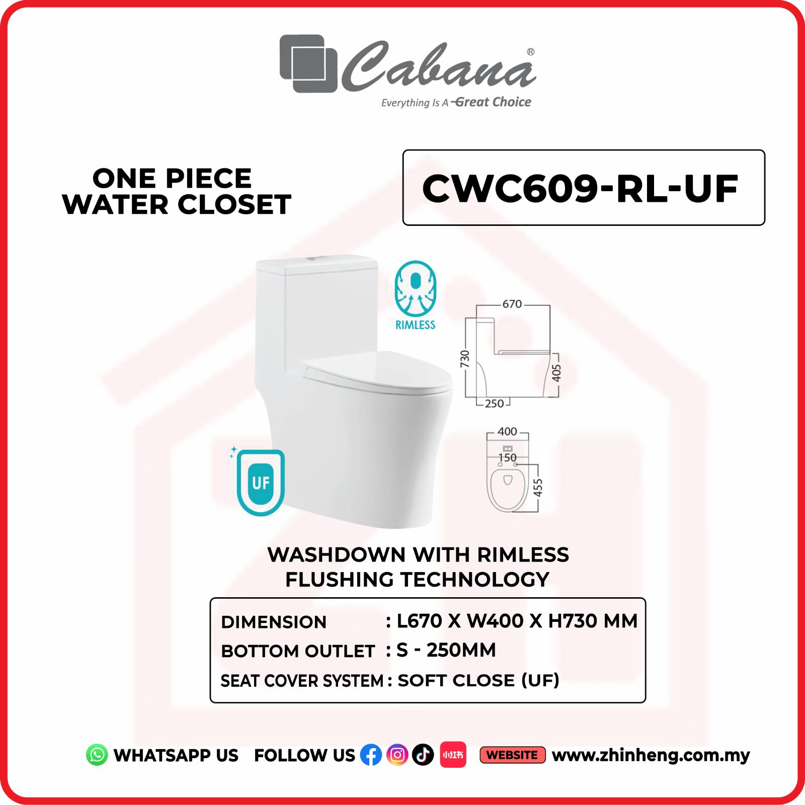 CABANA CWC609-RL-UF ONE PIECE WATER CLOSET WASHDOWN WITH RIMLESS FLUSHING TECHNOLOGY