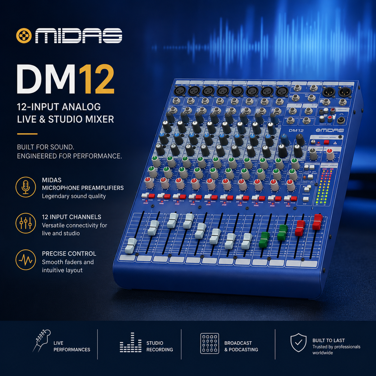 Midas DM12 – 12 Input Analog Mixer untuk Bunyi Langsung & Studio dengan Preamplifier Mikrofon Midas