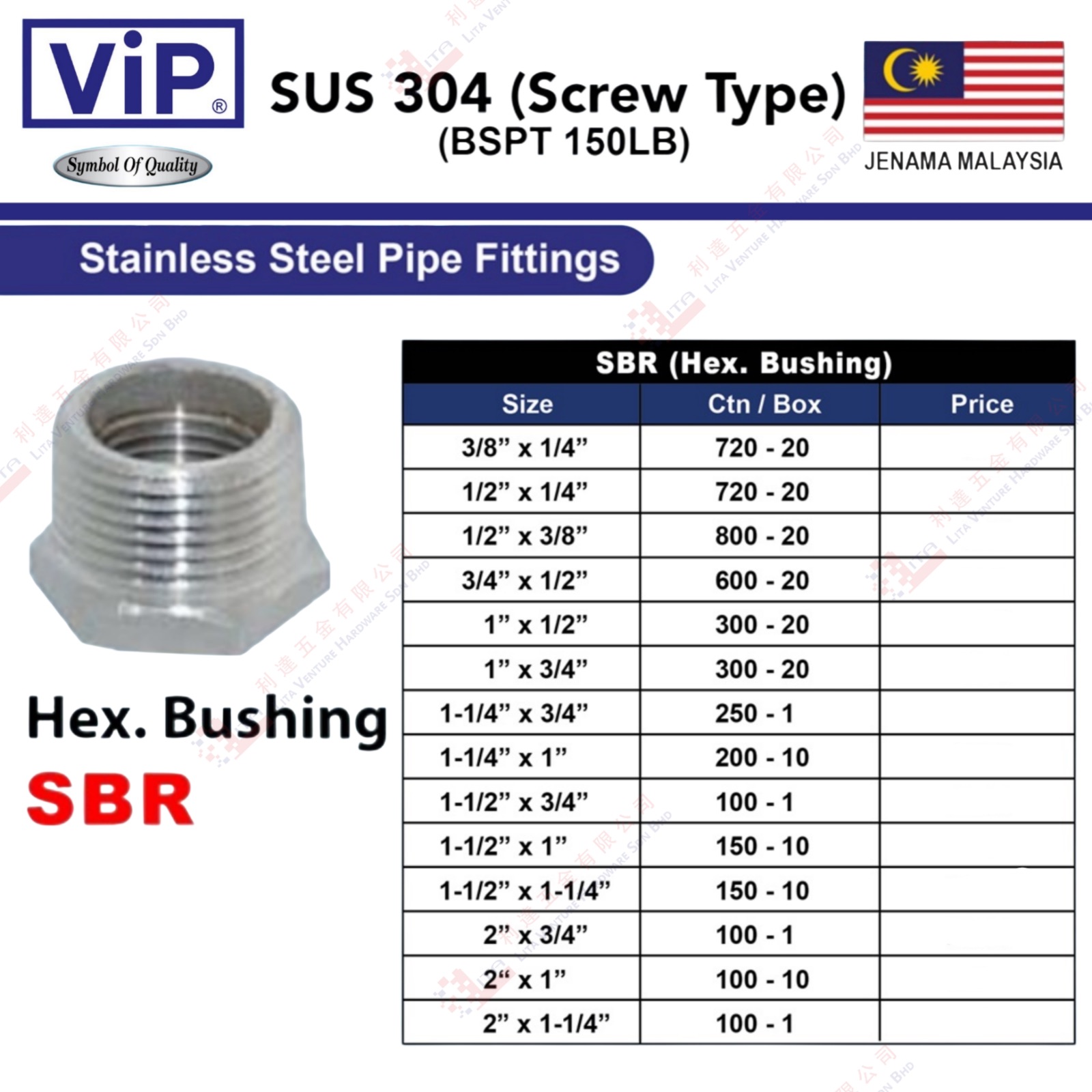 VIP BRAND STAINLESS STEEL HEX. BUSHING - SBR