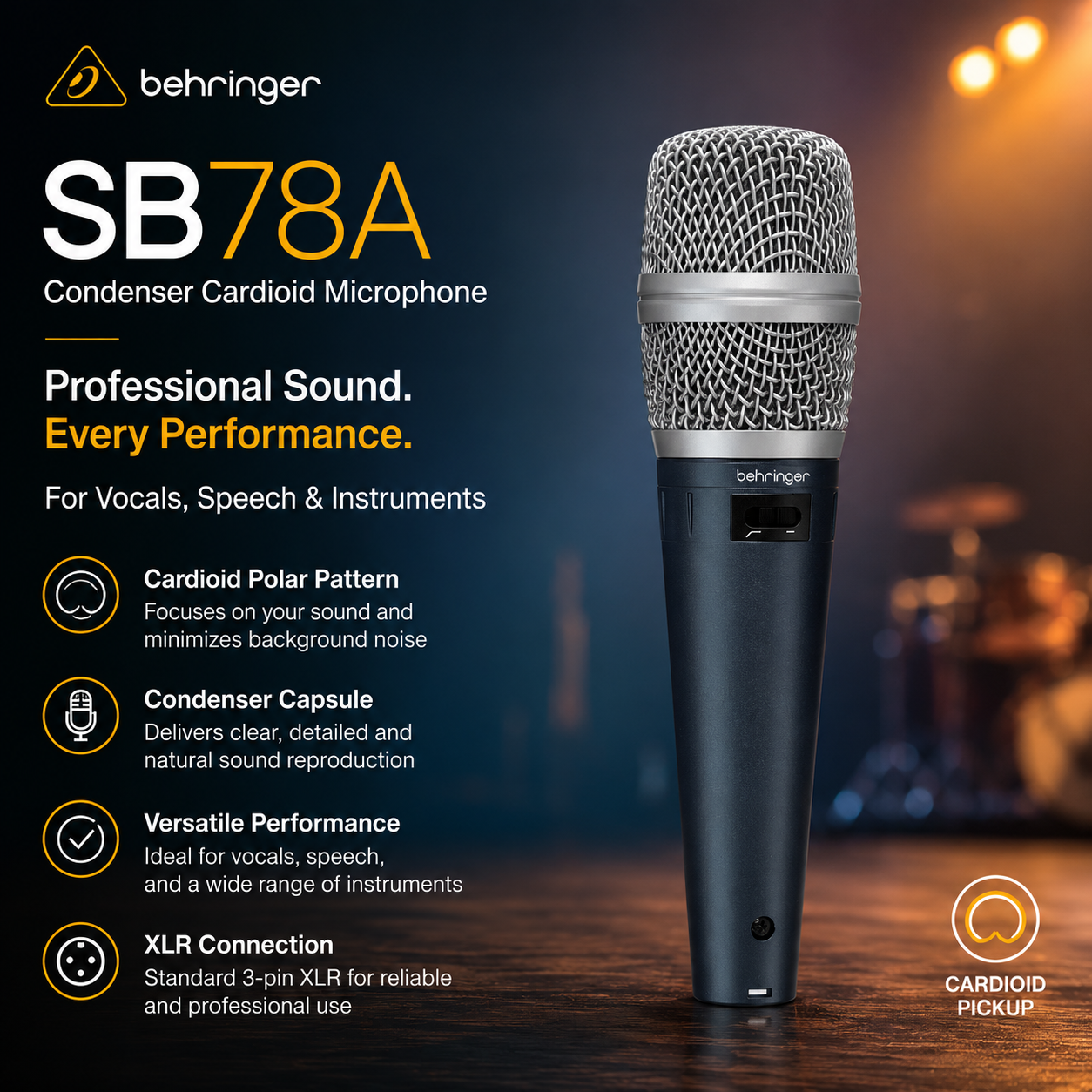 Behringer SB78A – Mikrofon Kondensor Kardioid untuk Vokal, Ucapan & Instrumen