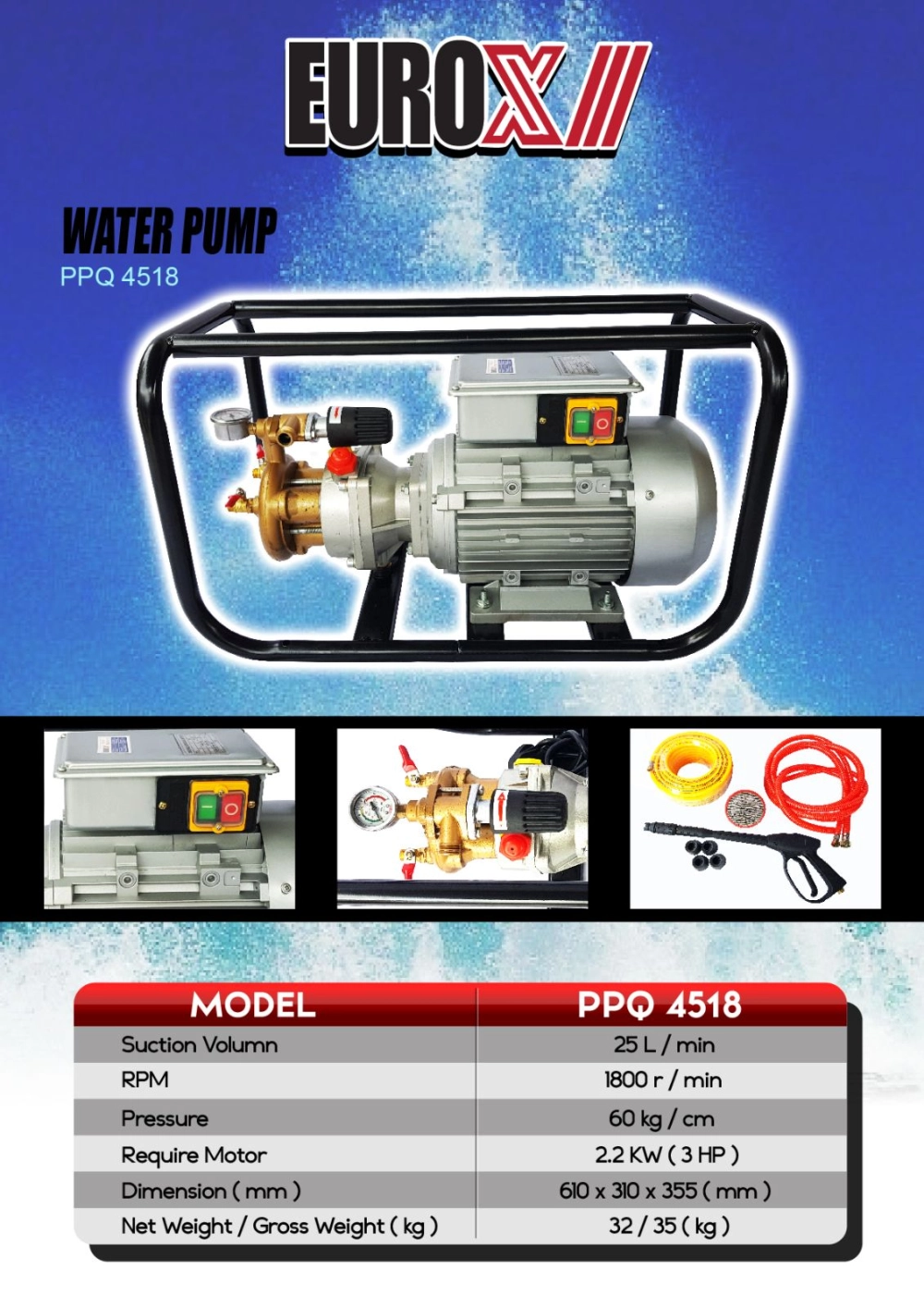 EUROX DIRECT PLUNGER PUMP WITH 3HP/230V MOTOR & STD.ASSY