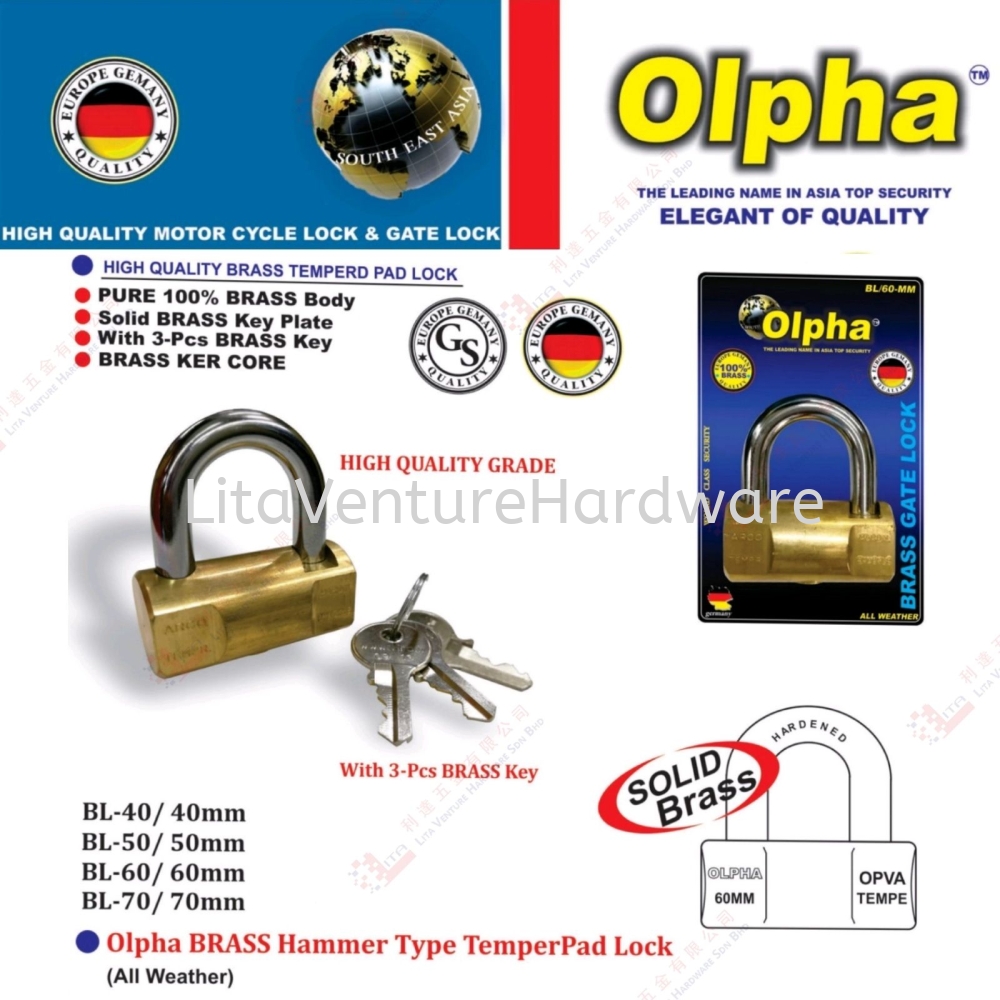OLPHA BRAND BRASS TEMPERED PAD LOCK - BL40 BL50 BL60 BL70