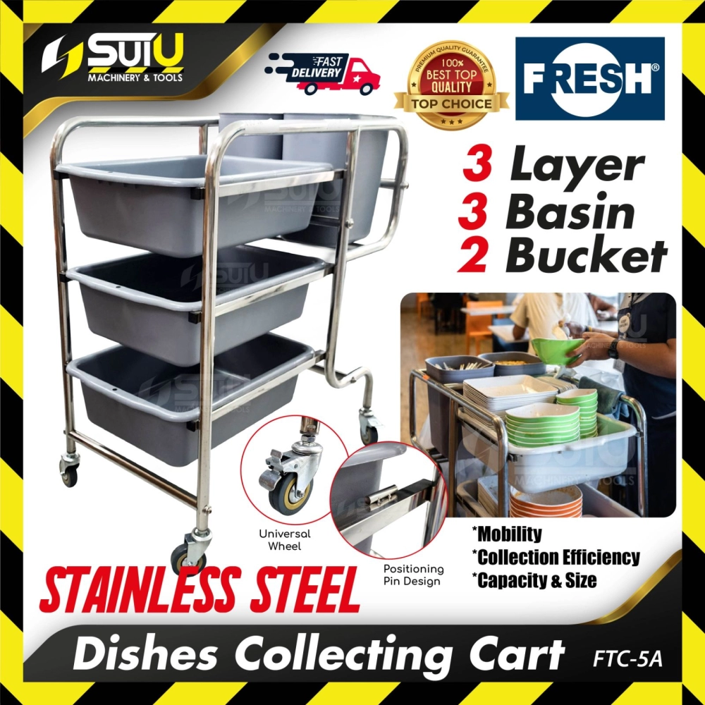 FRESH FTC-5A Stainless Steel 3 Layer Tray Dishes Collectiong Cart