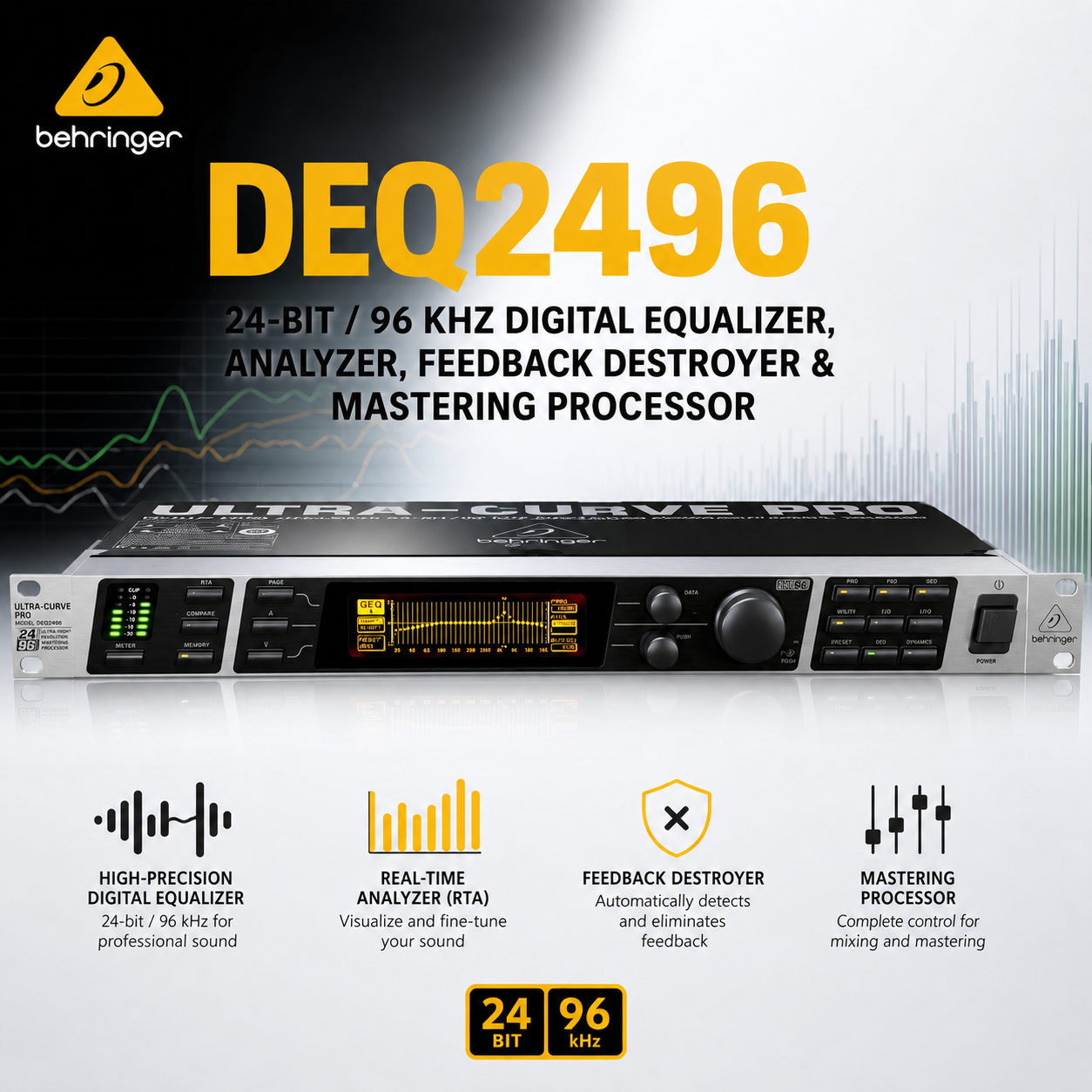 Behringer DEQ2496 – Pemproses Digital 24-Bit / 96 kHz Equalizer, Analyzer, Penghapus Maklum Balas & Mastering
