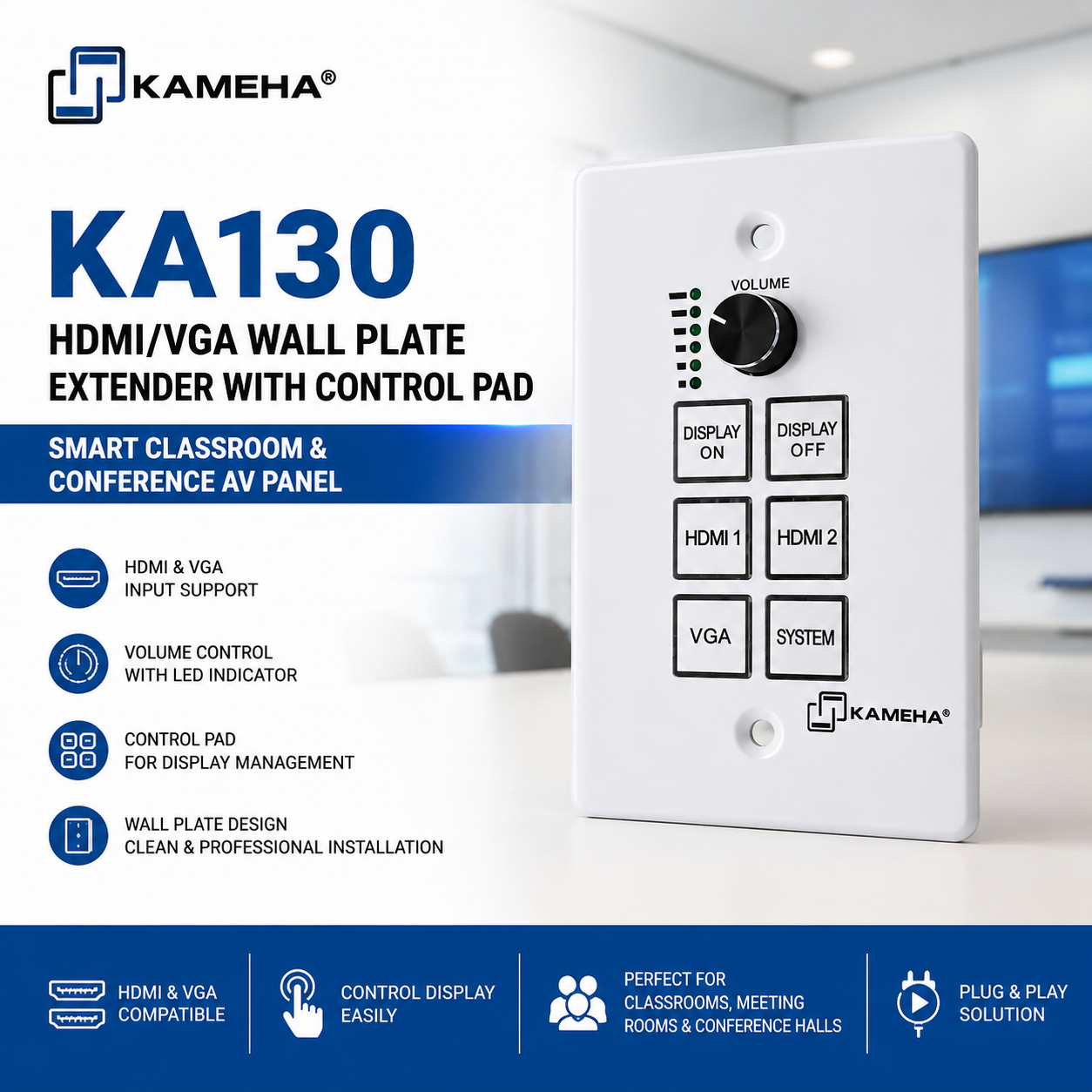 KAMEHA KA130 HDMI/VGA Wall Plate Extender with Control Pad | Smart Classroom & Conference AV Panel