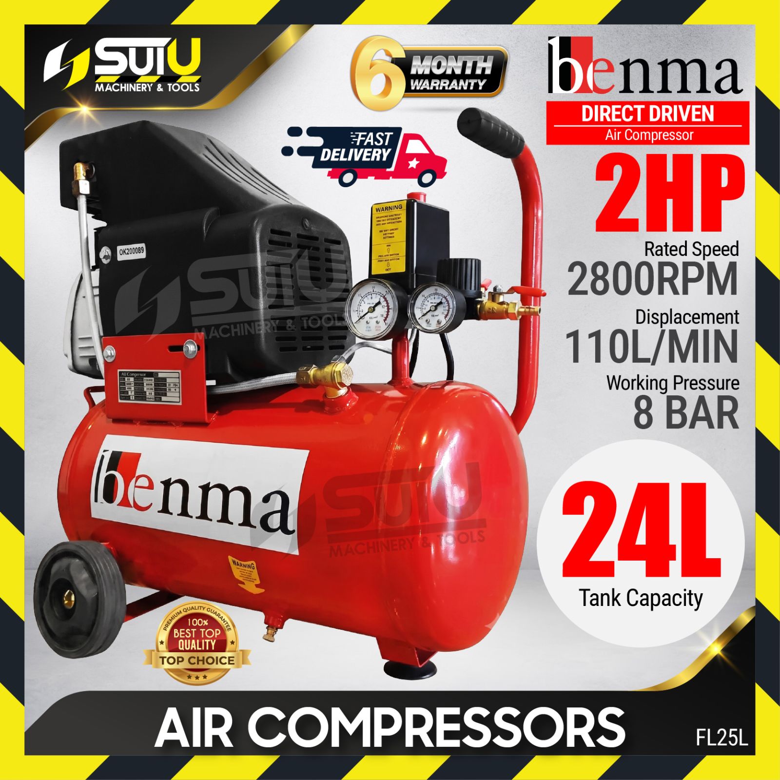 [COMPRESSOR ONLY] BENMA FL25L 24L 2HP 8Bar Direct Driven Air Compressor 2800RPM