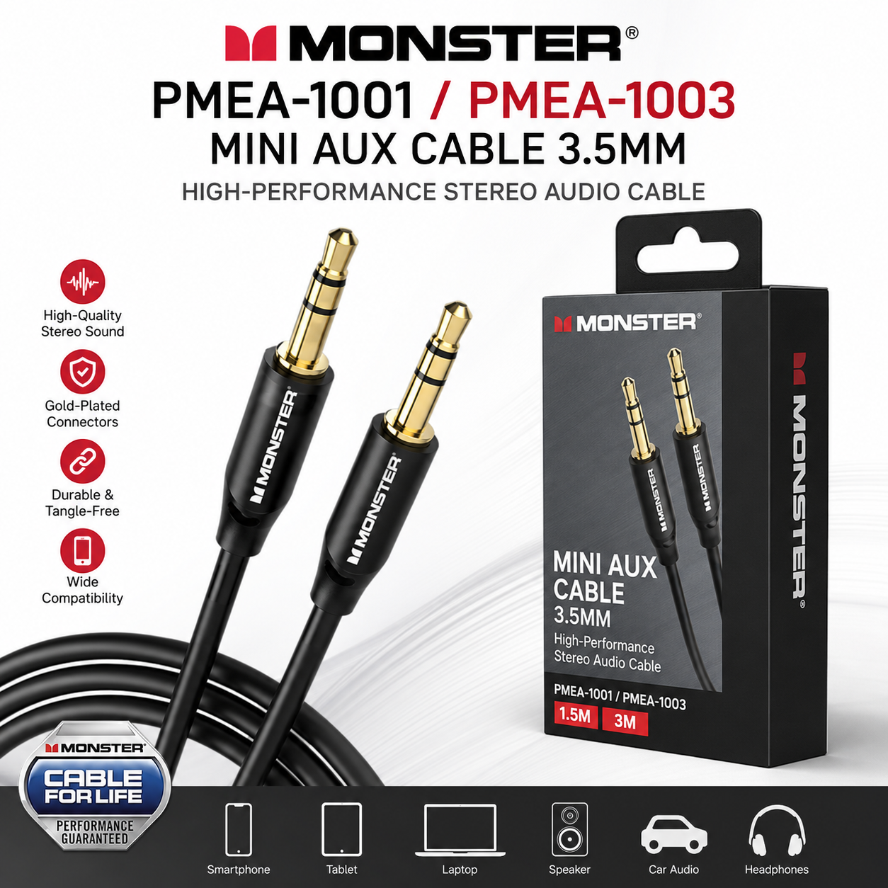 Monster PMEA-1001 / PMEA-1003 迷你AUX 3.5mm 音频线 – 高性能立体声音频连接线 (1.5米 / 3米)
