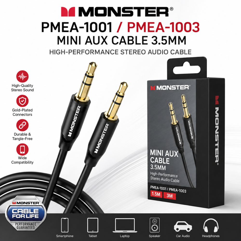 Monster PMEA-1001 / PMEA-1003 Mini AUX Cable 3.5mm – High-Performance Stereo Audio Cable (1.5M / 3M)