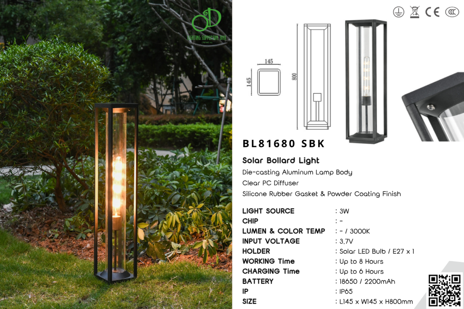 Outdoor Solar Bollard Light (BL81680 SBK)