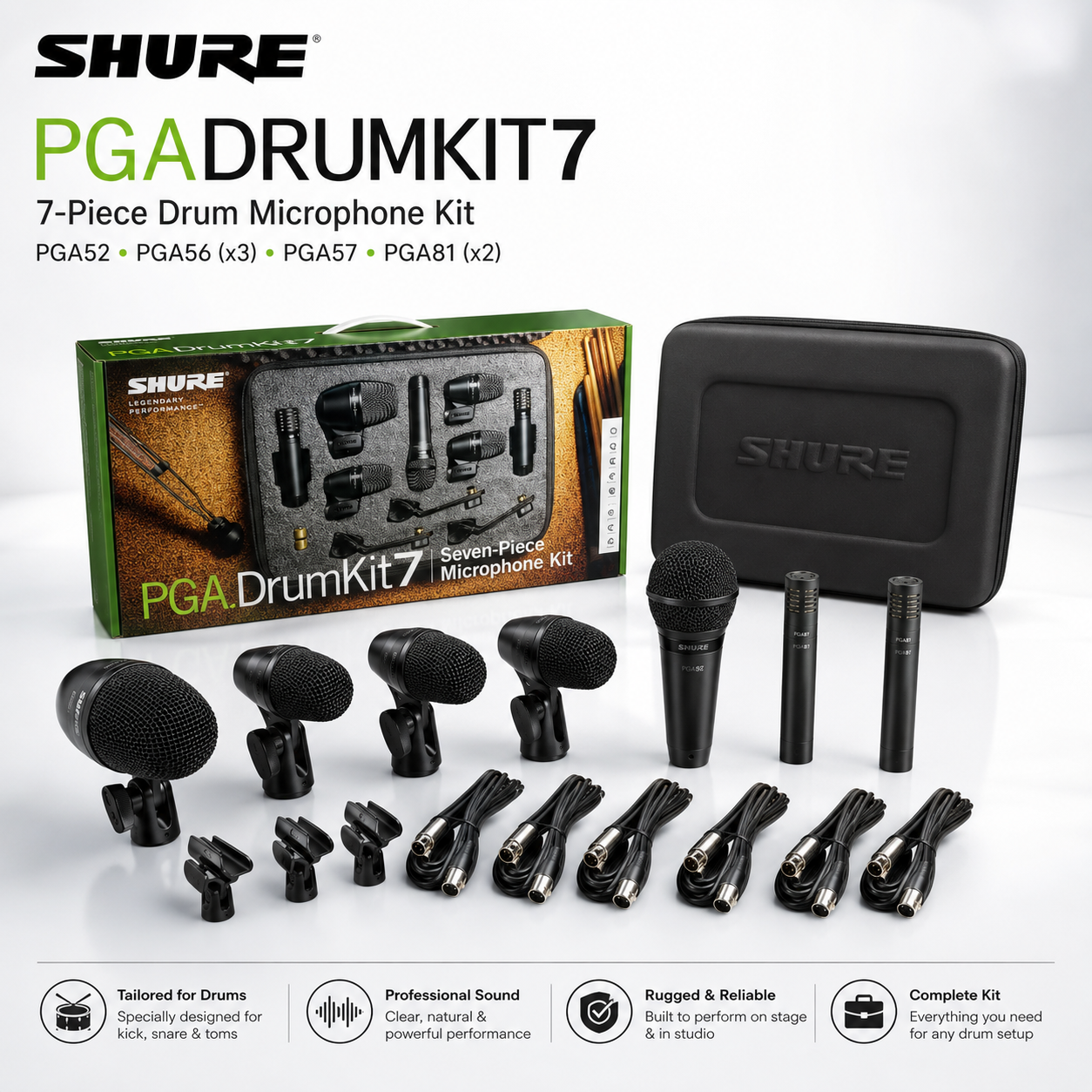 Shure PGADRUMKIT7 7-Piece Drum Microphone Kit – Complete Drum Mic Set with PGA52, PGA56 (x3), PGA57 & PGA81 (x2)
