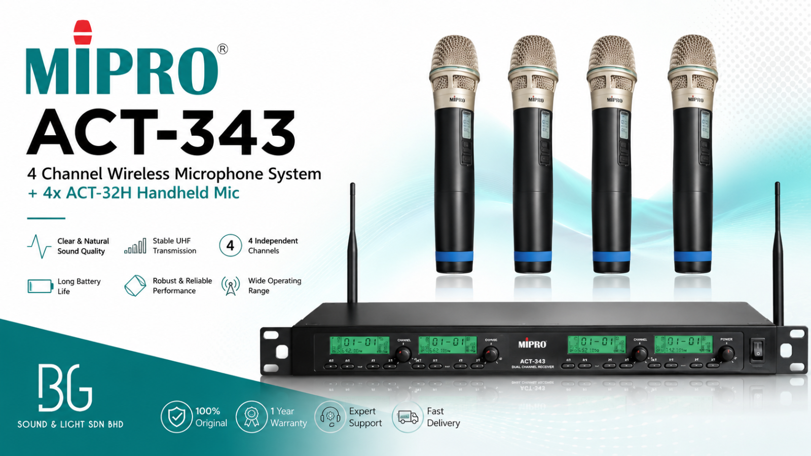MIPRO ACT-343 4 Channel Wireless Microphone System + 4x ACT-32H Handheld Mic (UHF Professional Malaysia)