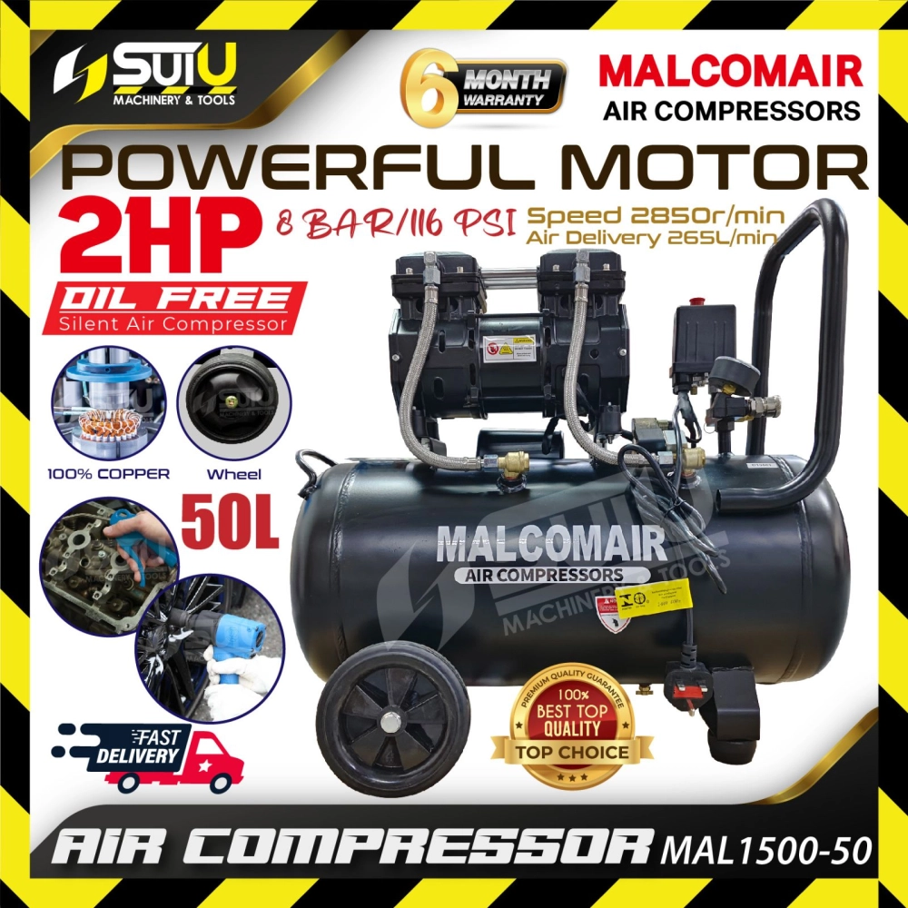 MALCOMAIR MAL1500-50 / MAL-1500-50 / MAL 1500-50 2HP 50L Oilless / Oil Free Air Compressor / Kompressor 2850RPM