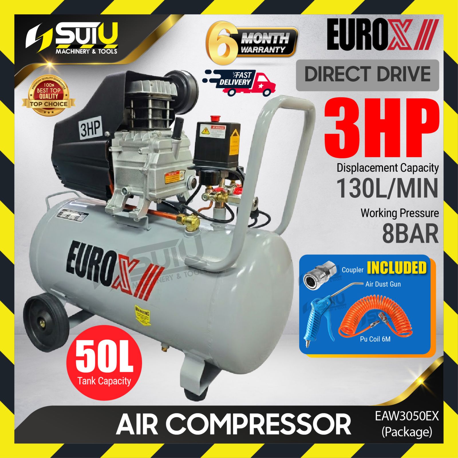 [READY STOCK, ORIGINAL, MALAYSIA SPEC] EUROX EAX3050 / EAW3050 50L 3.0HP Direct Driven Air Compressor 2850RPM PACKAGE