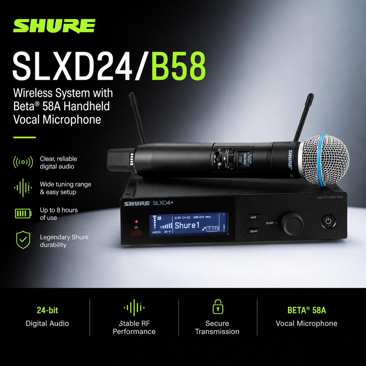 Shure SLXD24/B58 – Sistem Tanpa Wayar dengan Mikrofon Vokal Genggam Beta® 58A