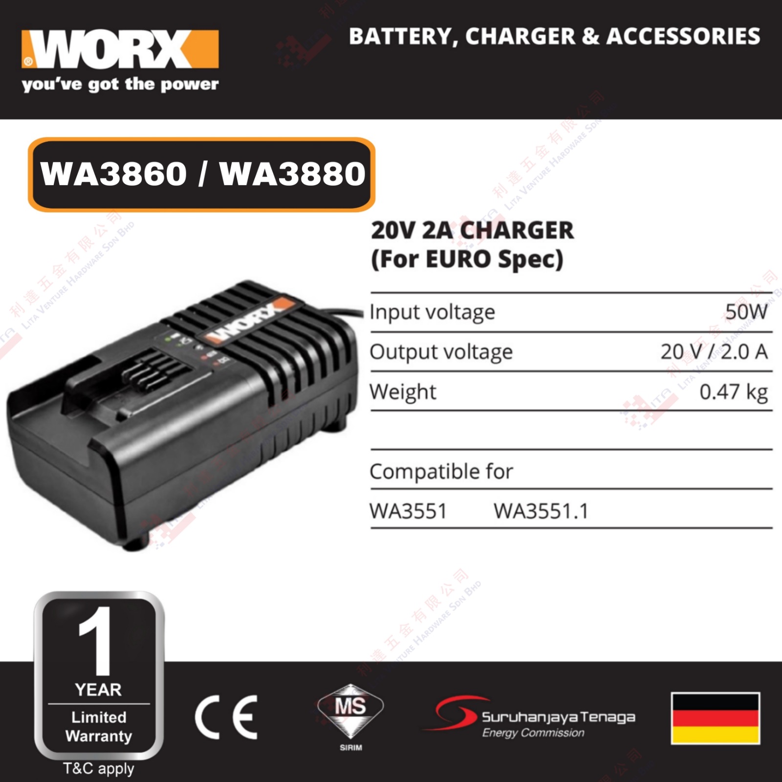 WORX BRAND 20V 2A CHARGER - WA3860 WA3880