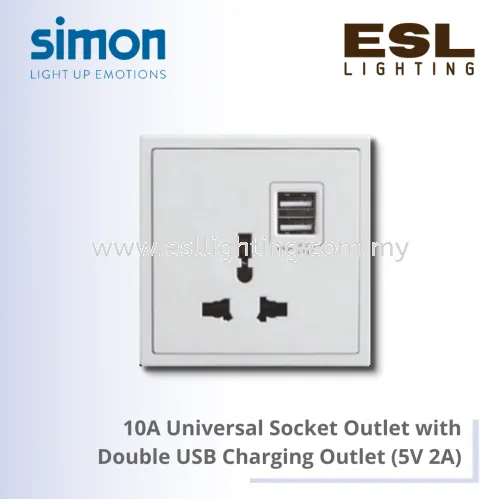 SIMON 50 SERIES 10A Universal Socket Outlet with Double USB Charging Outlet (5V 2A) - 45E725 