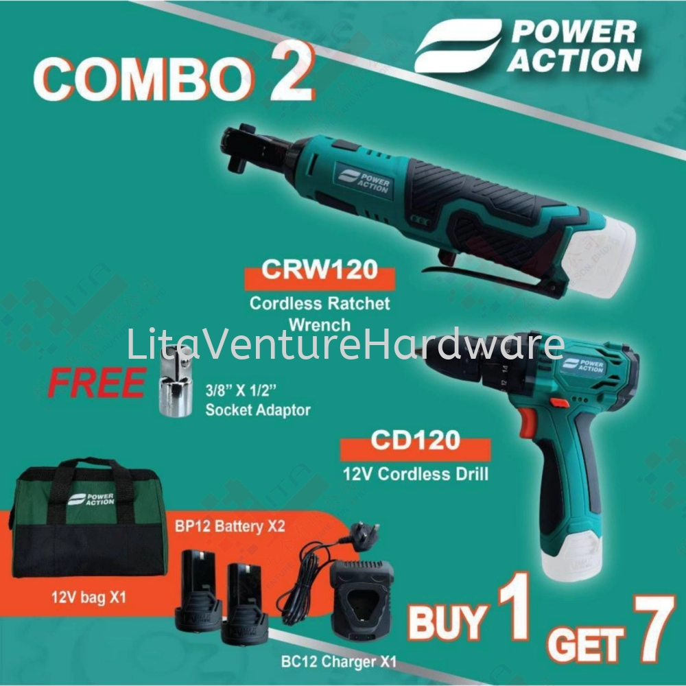 POWER ACTION CRW120 CORDLESS RATCHET WRENCH + CD120 12V CORDLESS DRILL - COMBO 2