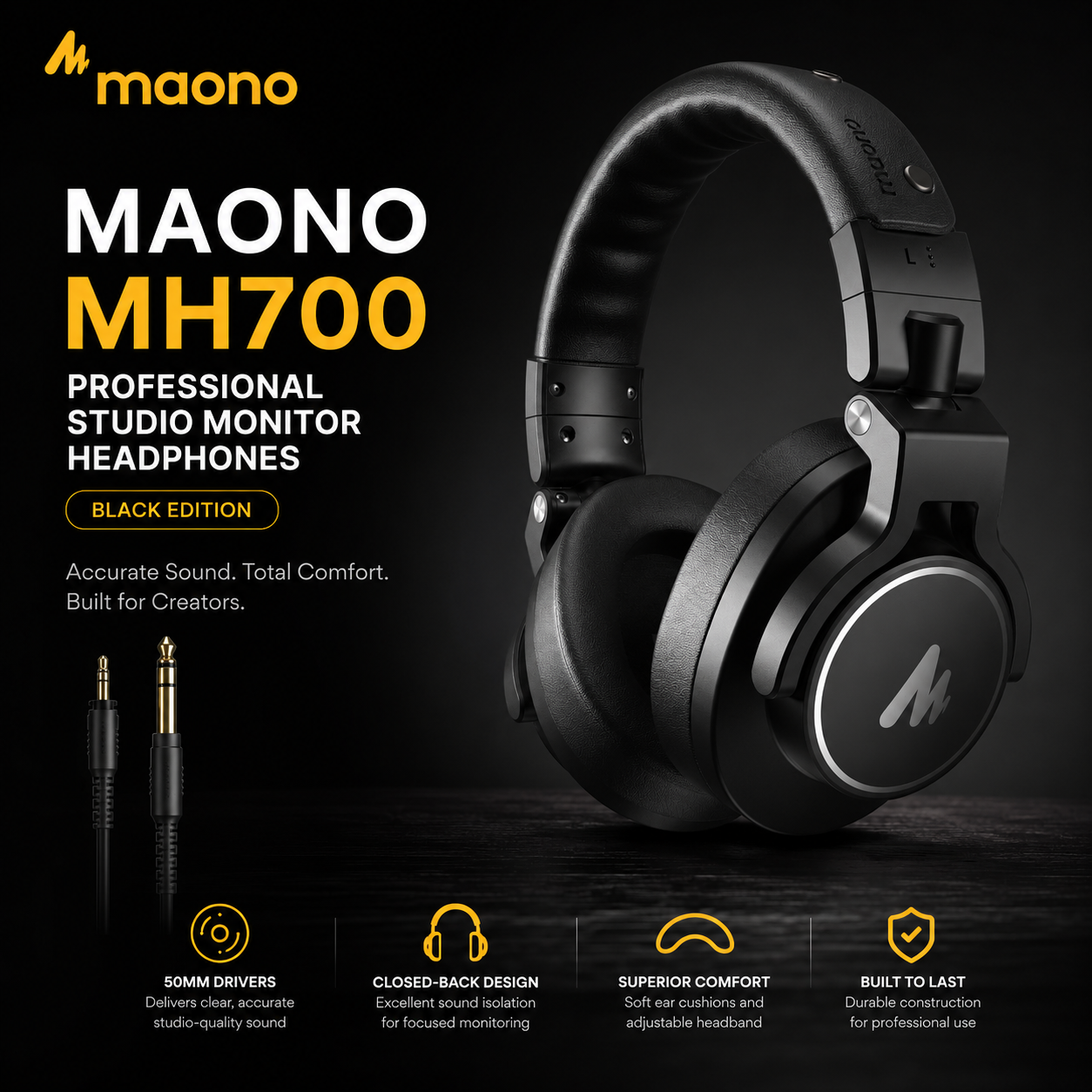 Maono MH700 Fon Kepala Monitor Studio Profesional – Edisi Hitam