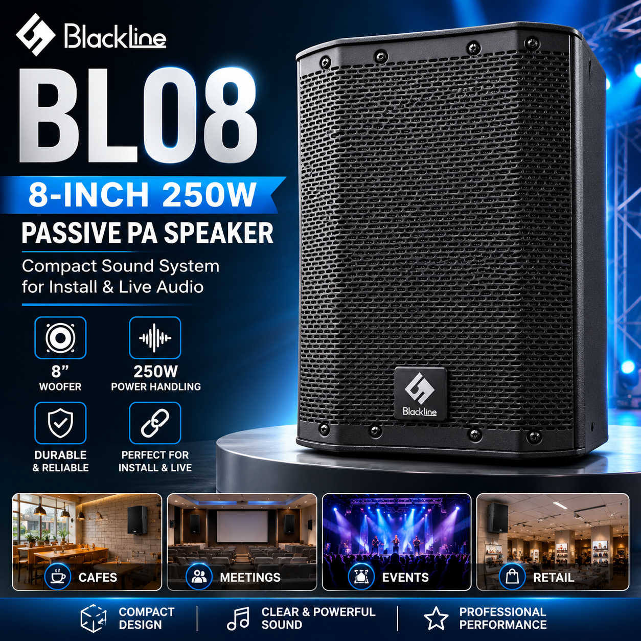Blackline BL08 8-Inch 250W Passive PA Speaker – Compact Sound System for Install & Live Audio