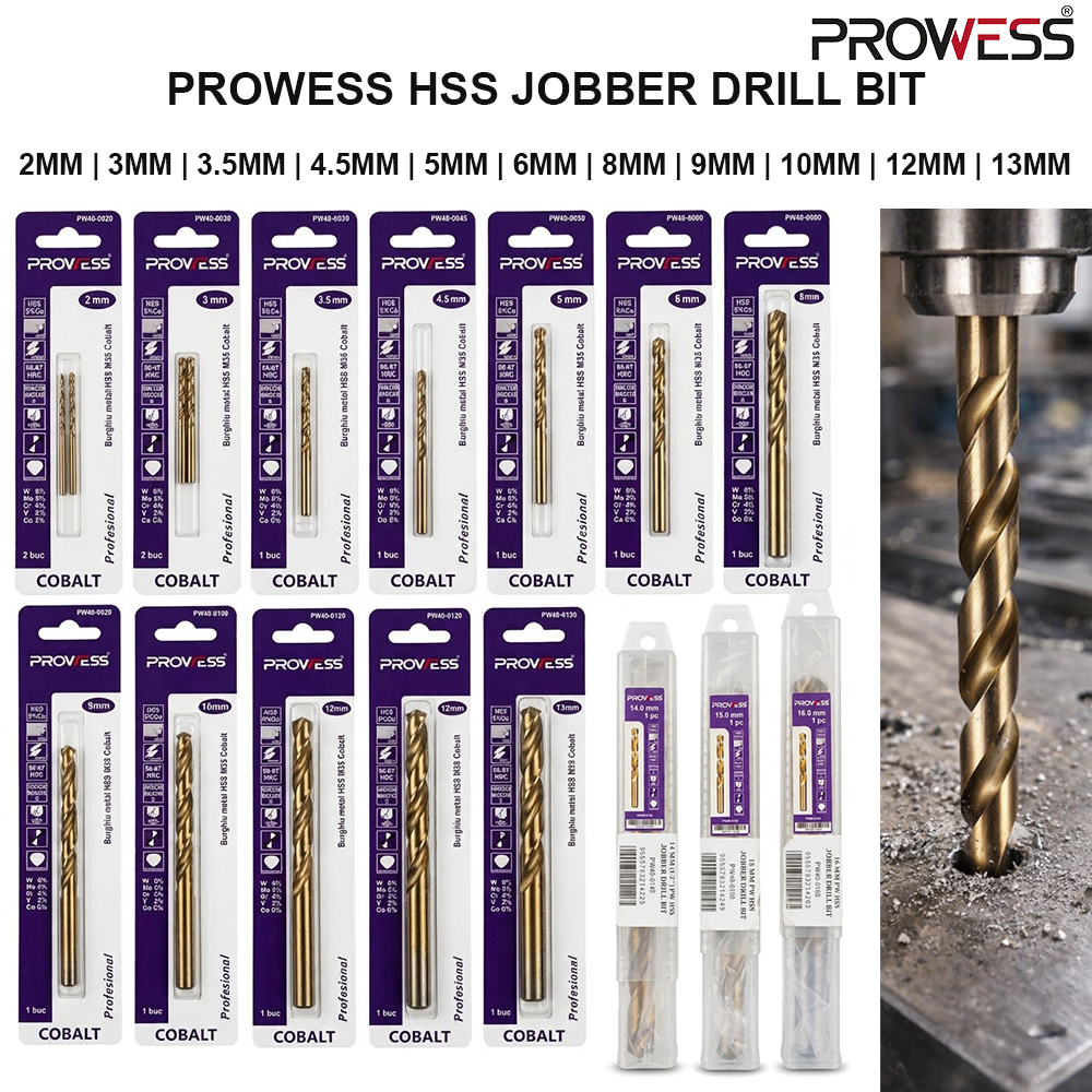 PROWESS HSS JOBBER DRILL BIT | HIGH SPEED STEEL TWIST DRILL BIT | PROFESSIONAL METAL DRILL BIT  ( 2 | 3 | 3.5 | 4.5 | 5 | 6 | 8 | 9 | 10 | 12 | 13 )MM (PW40-0020 | PW40-0030 | PW40-0035 | PW40-0045 | PW40-0050 | PW40-0060 | PW40-0080 | PW40-0090 | PW40-0100 | PW40-0120 | PW40-0130 )