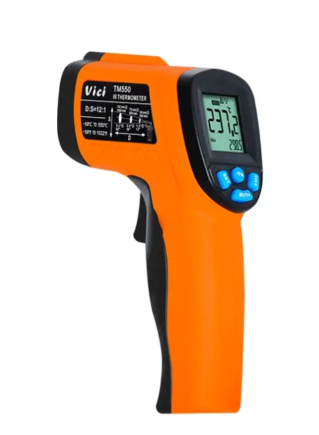 Vici TM550 Max 550℃ Infrared Thermometer, Adjustable 0.1 to 1.0 Emissivity, Threshold setting, Sound alarm function, Max/Min/Average/Difference.