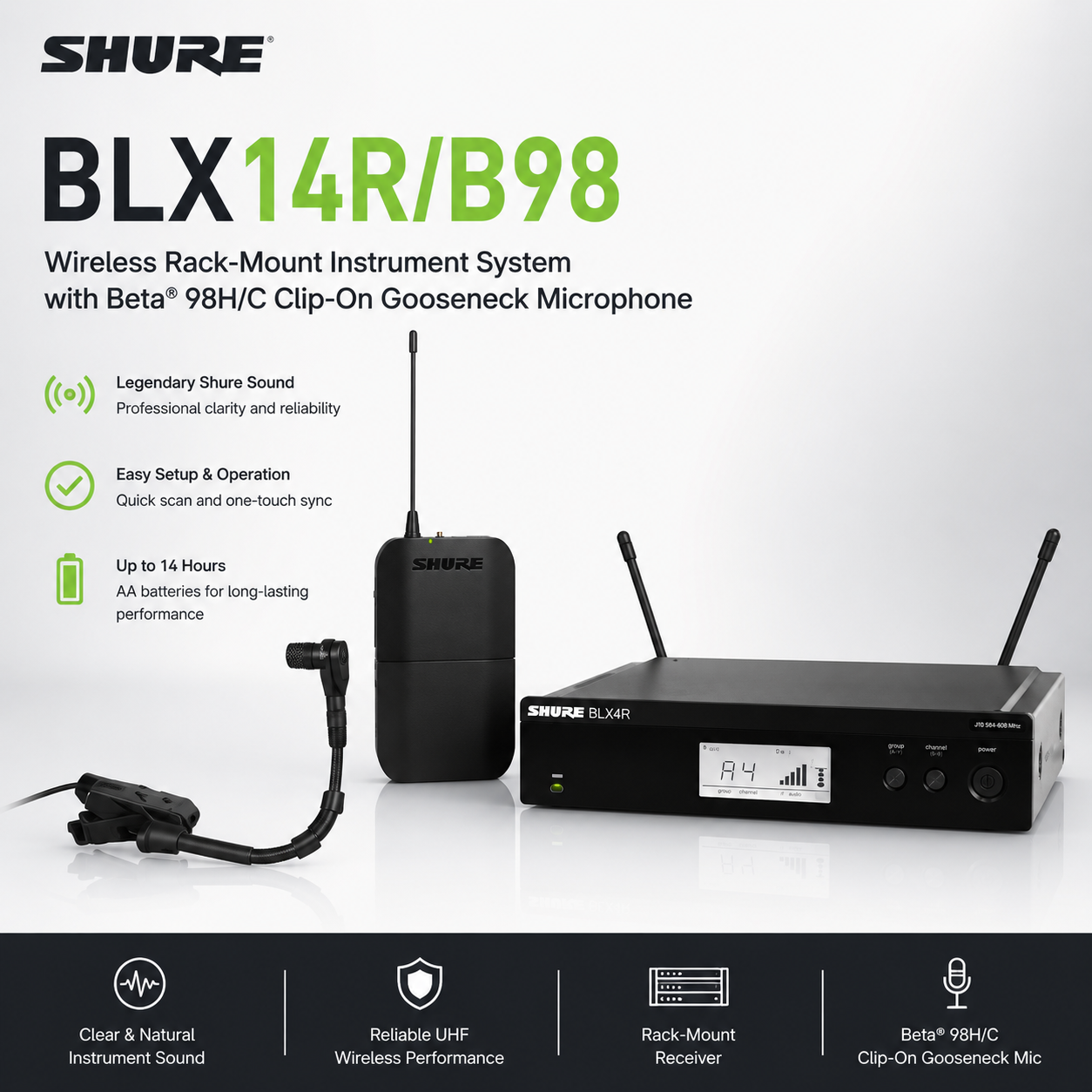 Shure BLX14R/B98 – Sistem Instrumen Rak-Terpasang Tanpa Wayar dengan Mikrofon Gooseneck Klip Beta® 98H/C