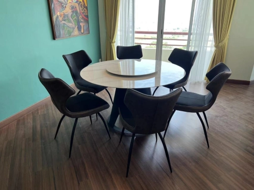Round Marble Dining Table With Lazy Susan | Modern Leather Dining Chair | 6 Seater Dining Set | Premium Dining Set | Cafe Restaurant Furniture | Dining Room Furniture | Cheras | Ampang | Georgetown | Kulim | Lunas | Ipoh | Seri Kembangan | Penang