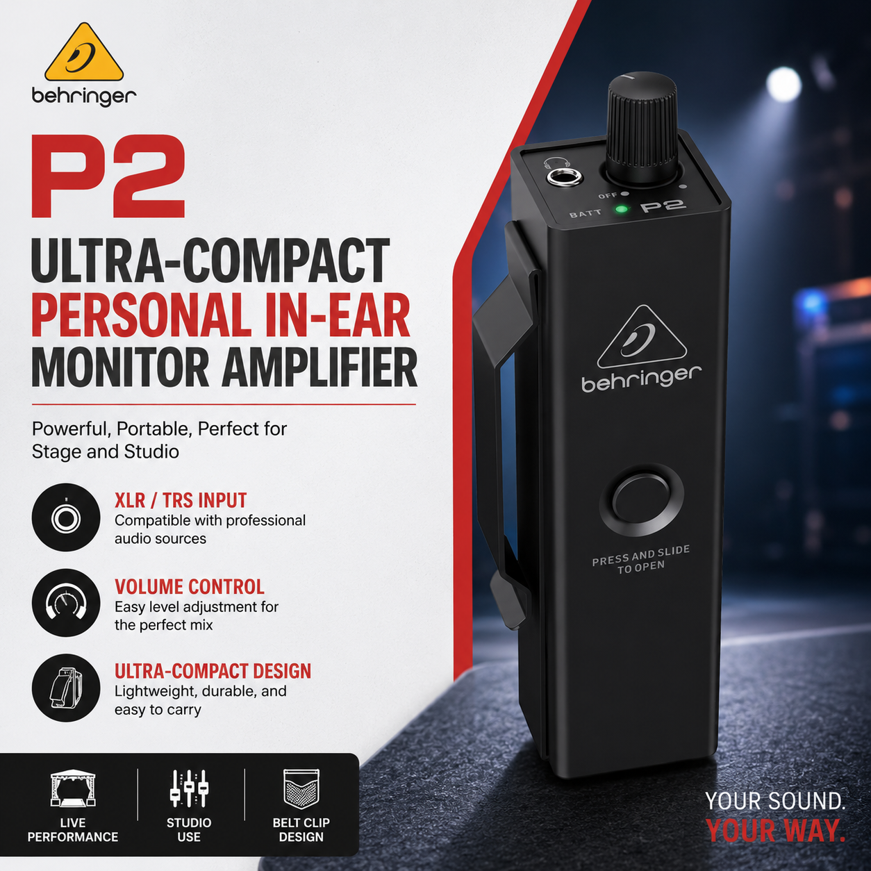 Behringer P2 – 超紧凑型个人入耳监听耳放，带XLR/TRS输入与音量控制，适用于舞台与录音棚