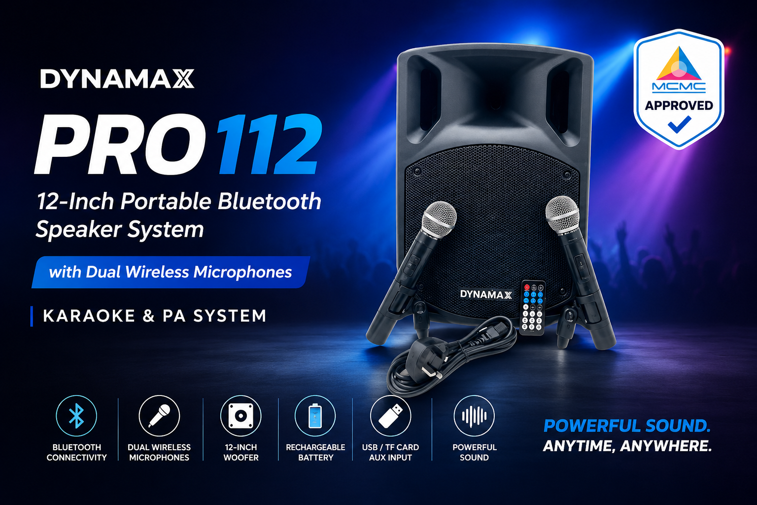 (Diluluskan MCMC) DYNAMAX PRO112 – Pembesar Suara Bluetooth Mudah Alih 12 Inci dengan 2 Mikrofon Tanpa Wayar | Karaoke & Sistem PA