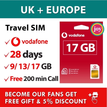 UK EUROPE 28 Days 9/13/17GB  Vadafone Sim Card Europe Switzerland UK Travel Prepaid Sim Card