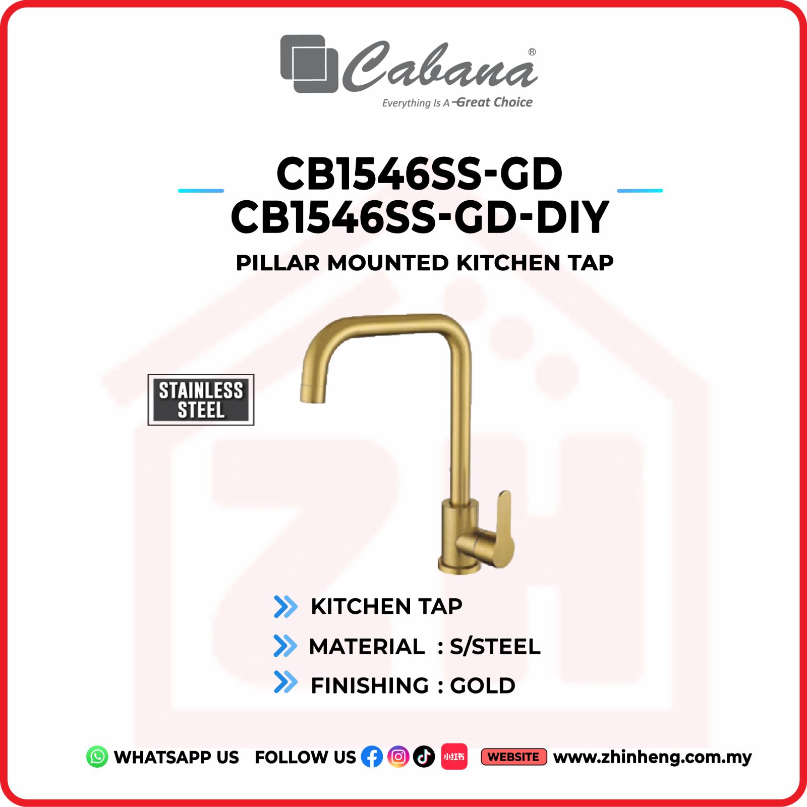 CABANA Pillar Mounted Kitchen Tap CB1546SS-GD & CB1546SS-GD-DIY