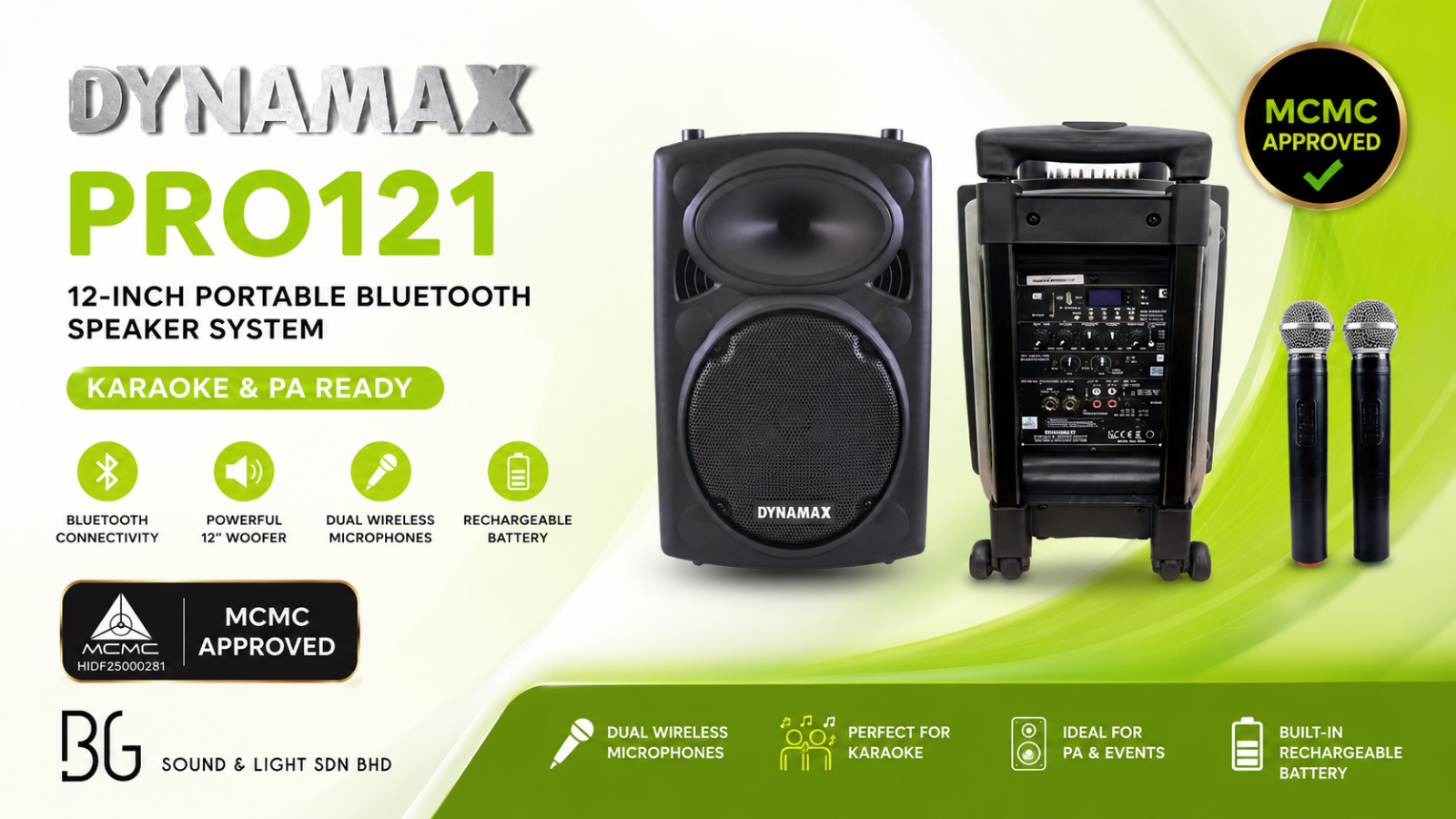 （MCMC认证）DYNAMAX PRO121 – 12英寸便携式蓝牙音响系统，配备双UHF无线麦克风 | 卡拉OK与公共广播专用