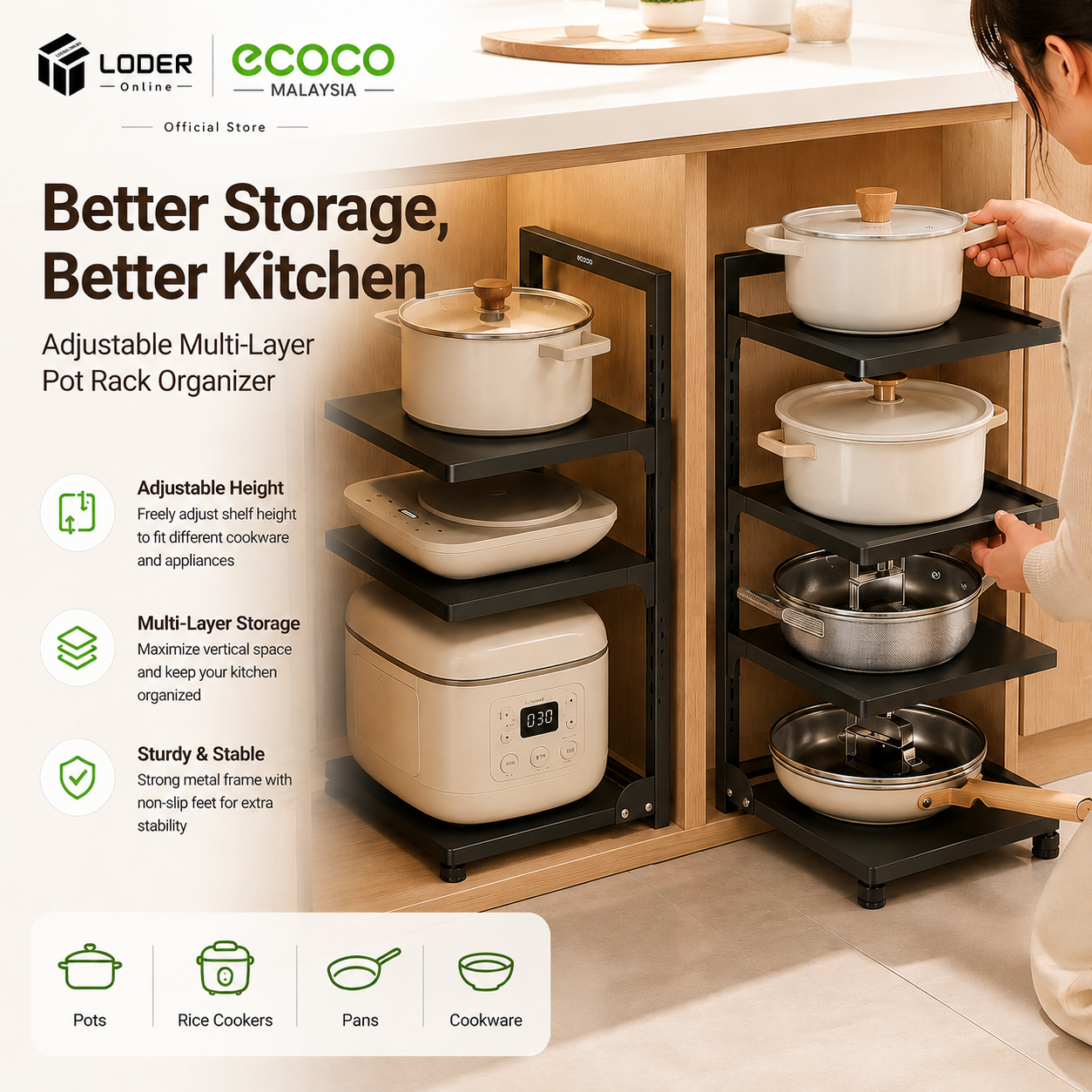 LODER ECOCO Pot Rack Kitchen Organizer Multi Layer Storage Shelf Adjustable Cabinet Pan Holder Space Saving