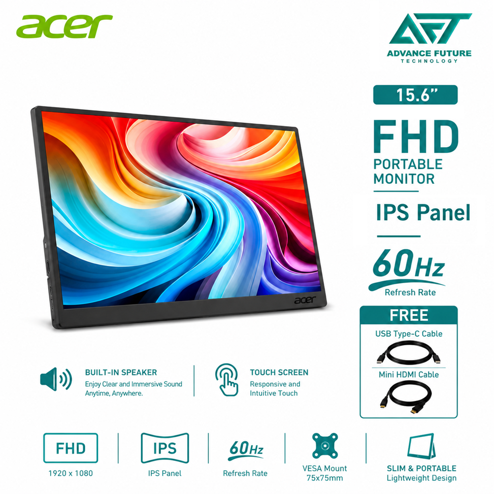 Acer PM161QT 15.6'' FHD IPS 60Hz Touch Portable Monitor ( Speaker, mini HDMI, USB-C, 3 Years Warranty )