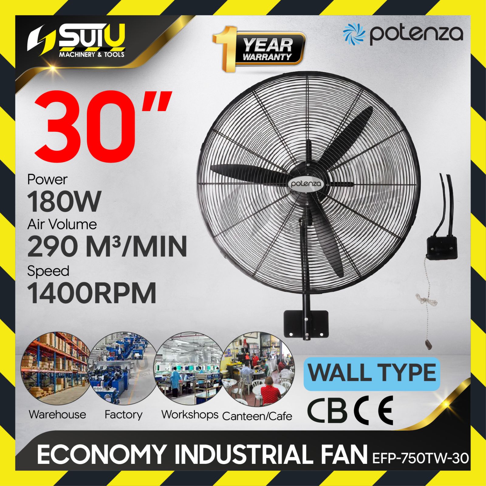 [1 YEAR WARRANTY] POTENZA EFP-750TW-30 30" Industrial Wall Fan 180W