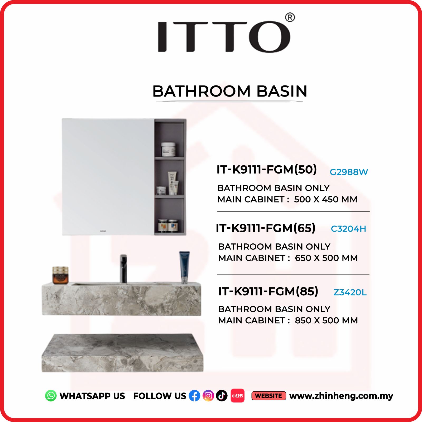 ITTO BATHROOM BASIN ONLY IT-K9111-FGM(50) + IT-K9111-FGM(65) + IT-K9111-FGM(85)