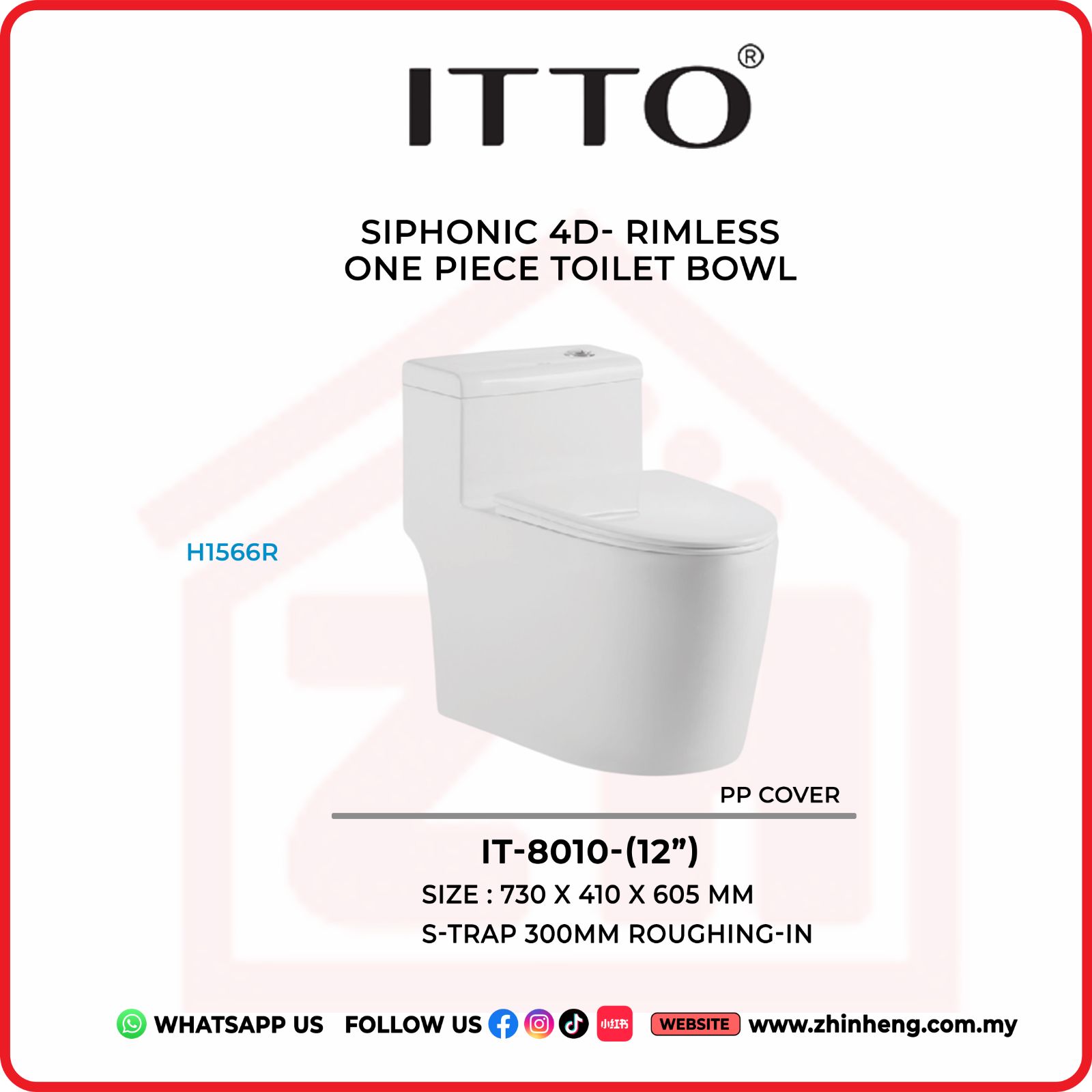 ITTO SIPHONIC 4D RIMLESS ONE PIECE TOILET BOWL IT-8010-(12")