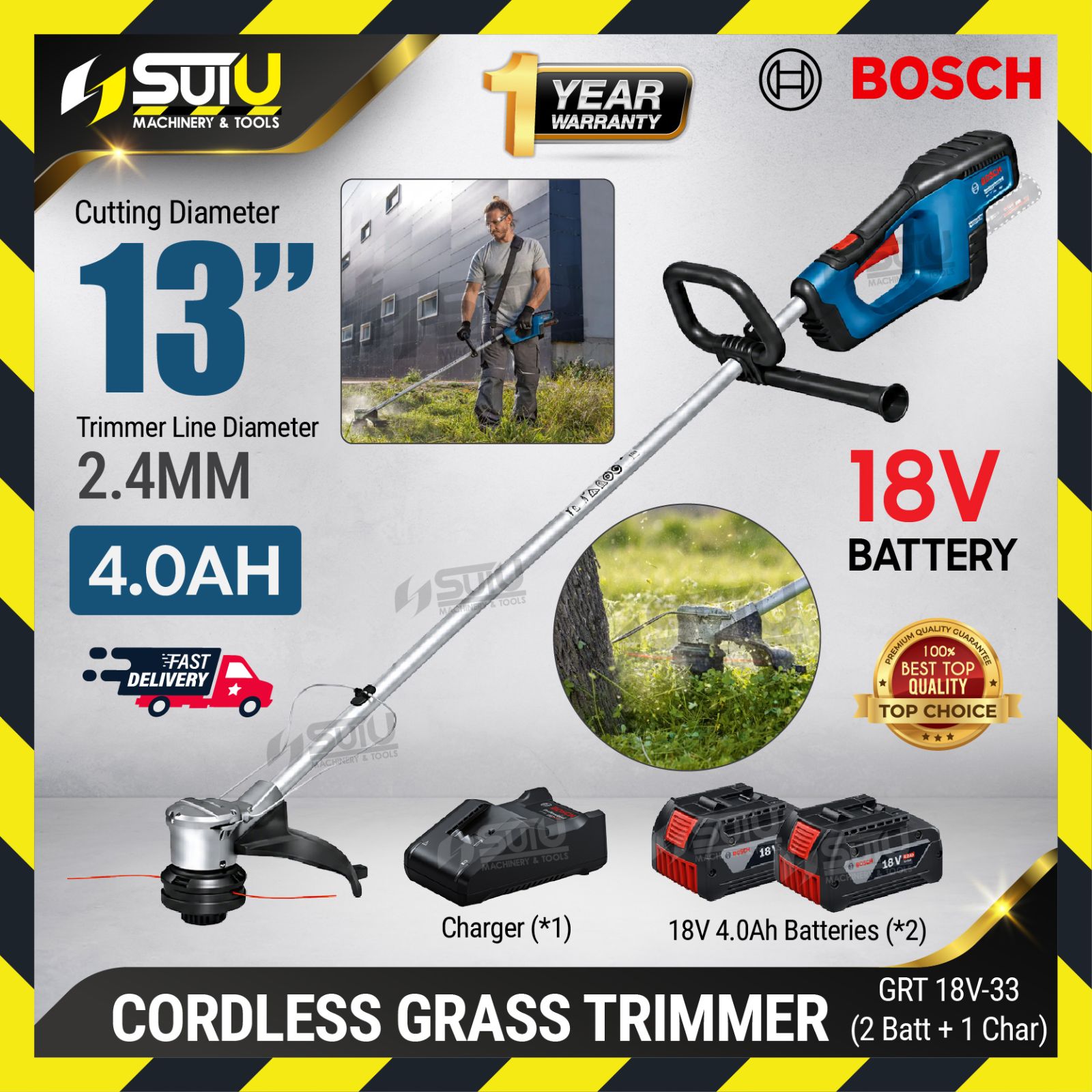 BOSCH PRO GRT18V-33 / GRT 18V-33 18V Cordless Grass Trimmer w/ 2 x Batteries 4.0Ah + 1 x Charger